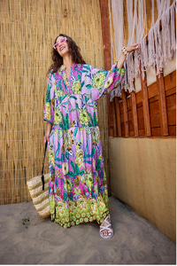 Soyut Botanik Desen Elbise Pembe-Mor