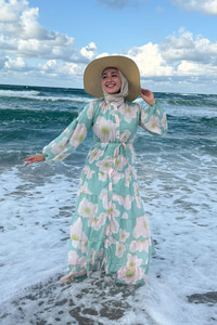 Soyut Çiçek Desen Elbise Yeşil