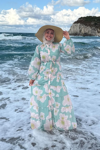 Soyut Çiçek Desen Elbise Yeşil