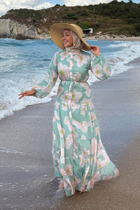 Soyut Çiçek Desen Elbise Yeşil