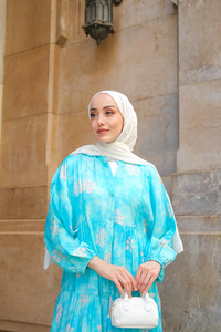 Soyut Çicek Desenli Elbise Açık Mavi