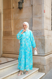 Soyut Çicek Desenli Elbise Açık Mavi