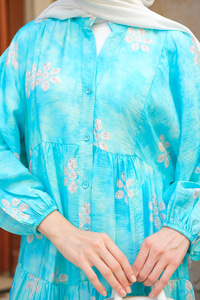 Soyut Çicek Desenli Elbise Açık Mavi