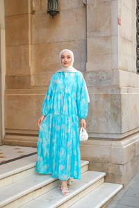 Soyut Çicek Desenli Elbise Açık Mavi