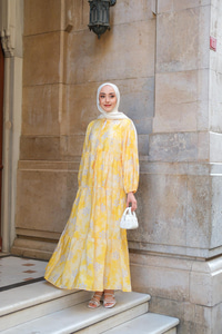 Soyut Çicek Desenli Elbise Sarı