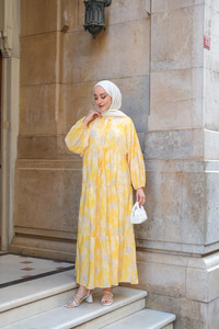 Soyut Çicek Desenli Elbise Sarı