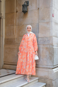 Soyut Çicek Desenli Elbise Turuncu