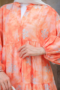 Soyut Çicek Desenli Elbise Turuncu