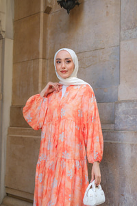 Soyut Çicek Desenli Elbise Turuncu