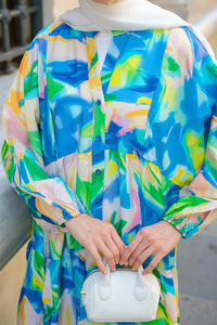 Soyut Çicek Esintisi Desenli Elbise Mavi