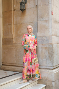 Soyut Desen Elbise Fuşya