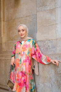 Soyut Desen Elbise Fuşya