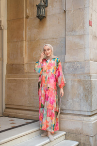 Soyut Desen Elbise Fuşya