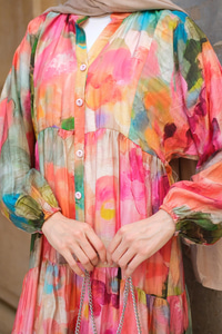 Soyut Desen Elbise Fuşya