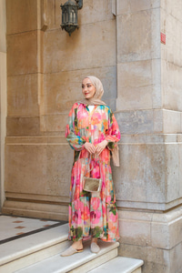 Soyut Desen Elbise Fuşya