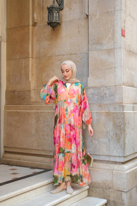 Soyut Desen Elbise Fuşya