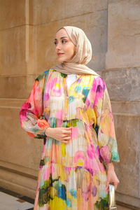 Soyut Desen Elbise Sarı