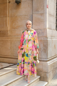 Soyut Desen Elbise Sarı