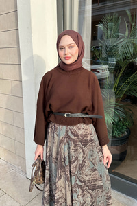 Soyut Desenli Sim Detay Kemerli Etek Haki Yeşil