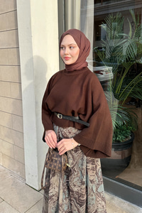 Soyut Desenli Sim Detay Kemerli Etek Haki Yeşil