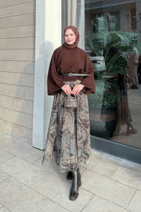 Soyut Desenli Sim Detay Kemerli Etek Haki Yeşil