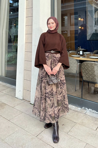 Soyut Desenli Sim Detay Kemerli Etek Vizon