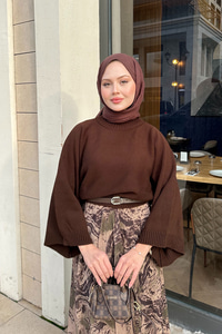 Soyut Desenli Sim Detay Kemerli Etek Vizon