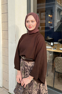 Soyut Desenli Sim Detay Kemerli Etek Vizon