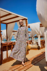 Stilize Çiçek Desenli Elbise Lacivert