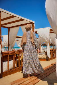 Stilize Çiçek Desenli Elbise Lacivert