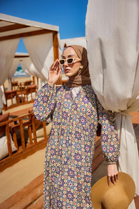 Stilize Çiçek Desenli Elbise Lacivert