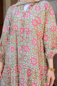 Stilize Çiçek Desenli Elbise Yeşil