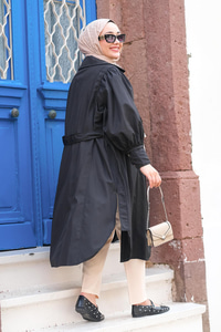 Su İtici Kol Büzgülü Trençkot Siyah