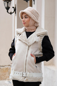 Süet İçi Peluş Detaylı Yelek Beyaz