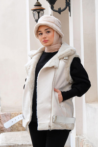 Süet İçi Peluş Detaylı Yelek Beyaz