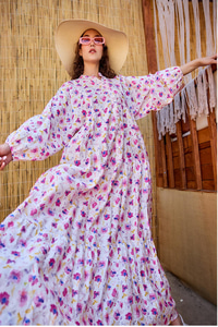 Sulu Boya Çiçek Desen Elbise Fuşya