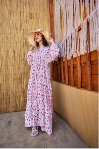 Sulu Boya Çiçek Desen Elbise Fuşya