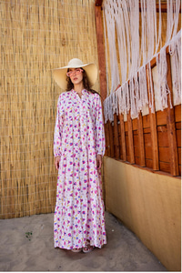 Sulu Boya Çiçek Desen Elbise Fuşya