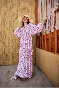 Sulu Boya Çiçek Desen Elbise Fuşya