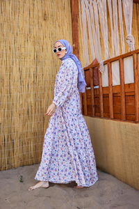 Sulu Boya Çiçek Desen Elbise Lila