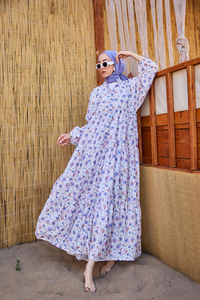 Sulu Boya Çiçek Desen Elbise Lila