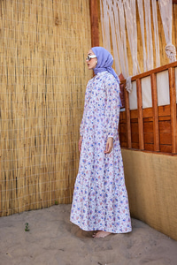 Sulu Boya Çiçek Desen Elbise Lila