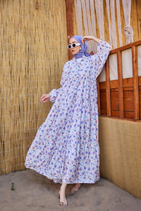 Sulu Boya Çiçek Desen Elbise Lila