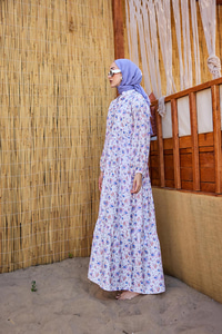 Sulu Boya Çiçek Desen Elbise Lila