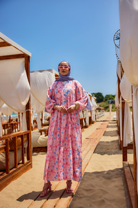 Sulu Boya Çicek Desen Elbise Pembe