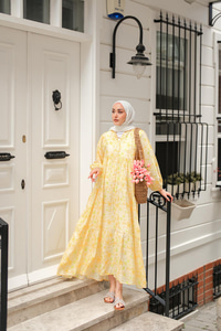 Sulu Boya Çicek Desen Elbise Sarı