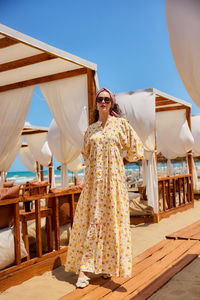 Sulu Boya Çiçek Desen Elbise Sarı