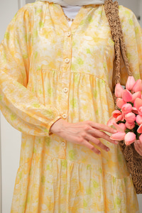 Sulu Boya Çicek Desen Elbise Sarı