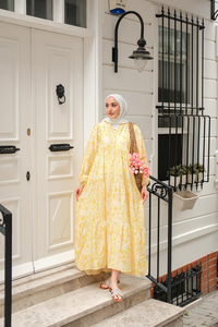 Sulu Boya Çicek Desen Elbise Sarı