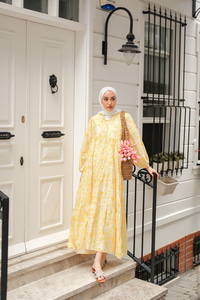 Sulu Boya Çicek Desen Elbise Sarı